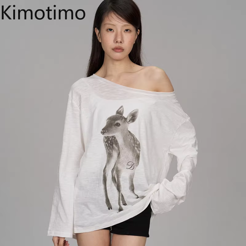 Kimotimo T-shirt Femme Été Imprimé Épaules Dénudées Manches Longues 2026 Nouveau Décontracté Transpa