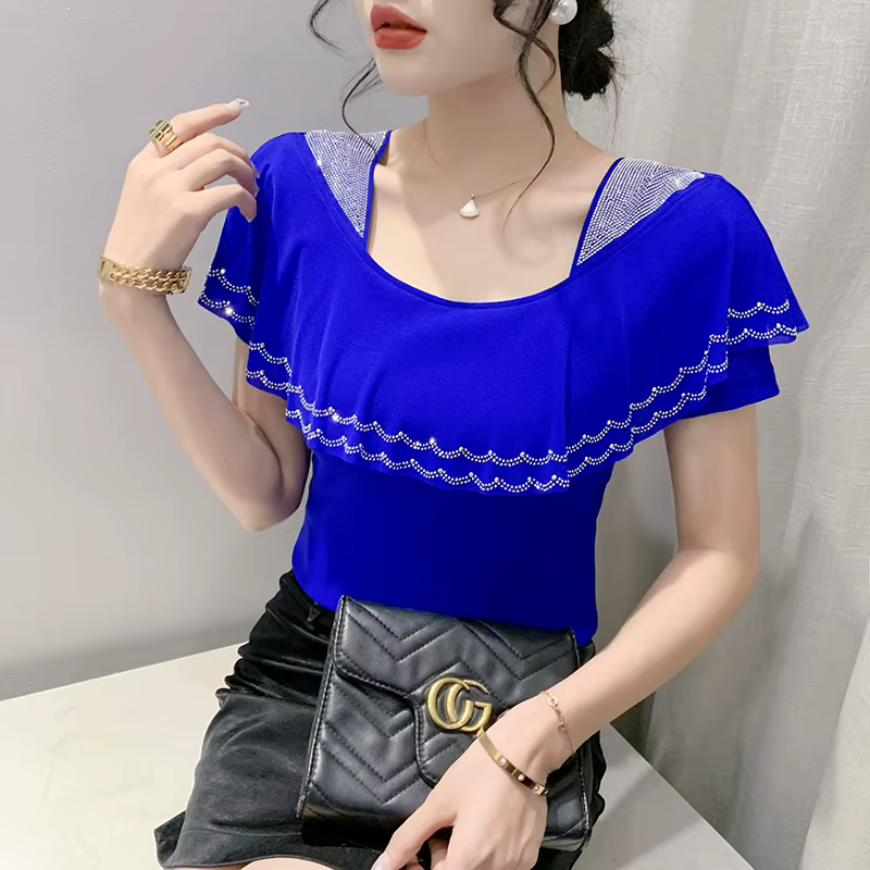 Été volants maille col carré T-Shirts femmes à manches courtes diamants t-shirt Femme mode Patchwork