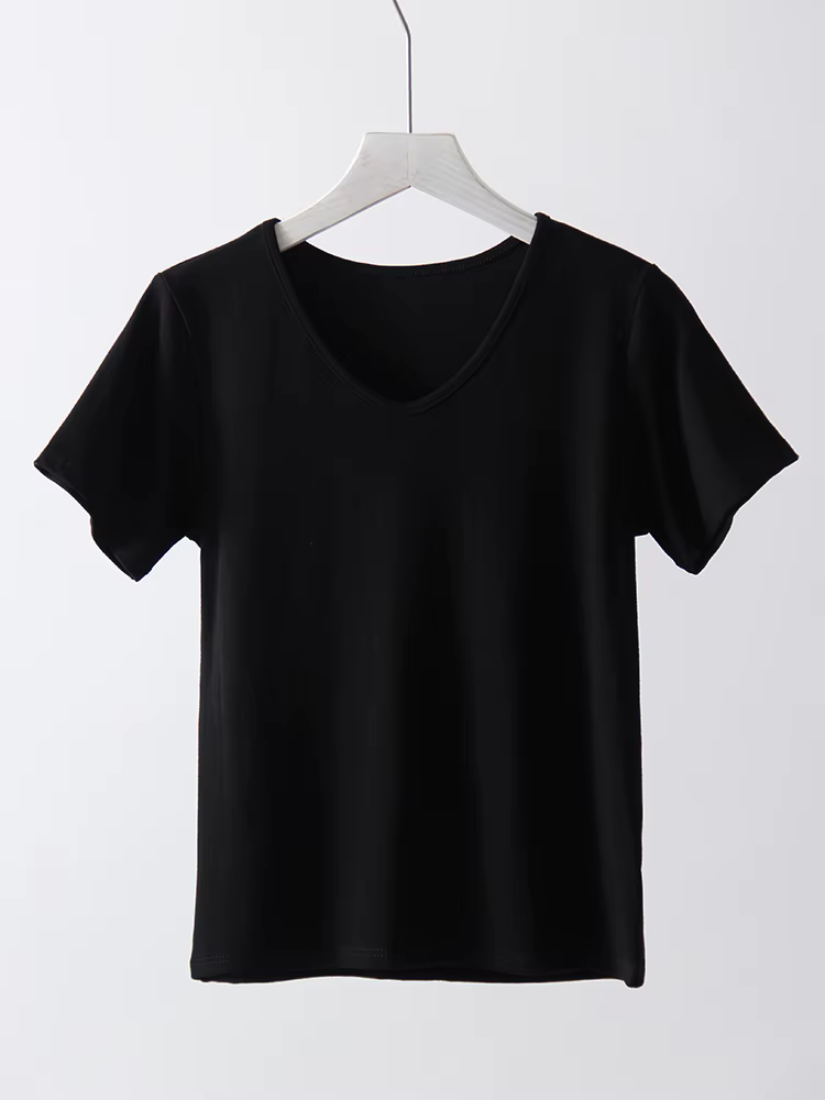 T-shirt Streamgirl d'été en modal à col en V et manches courtes pour femme, blanc, classique, uni, a