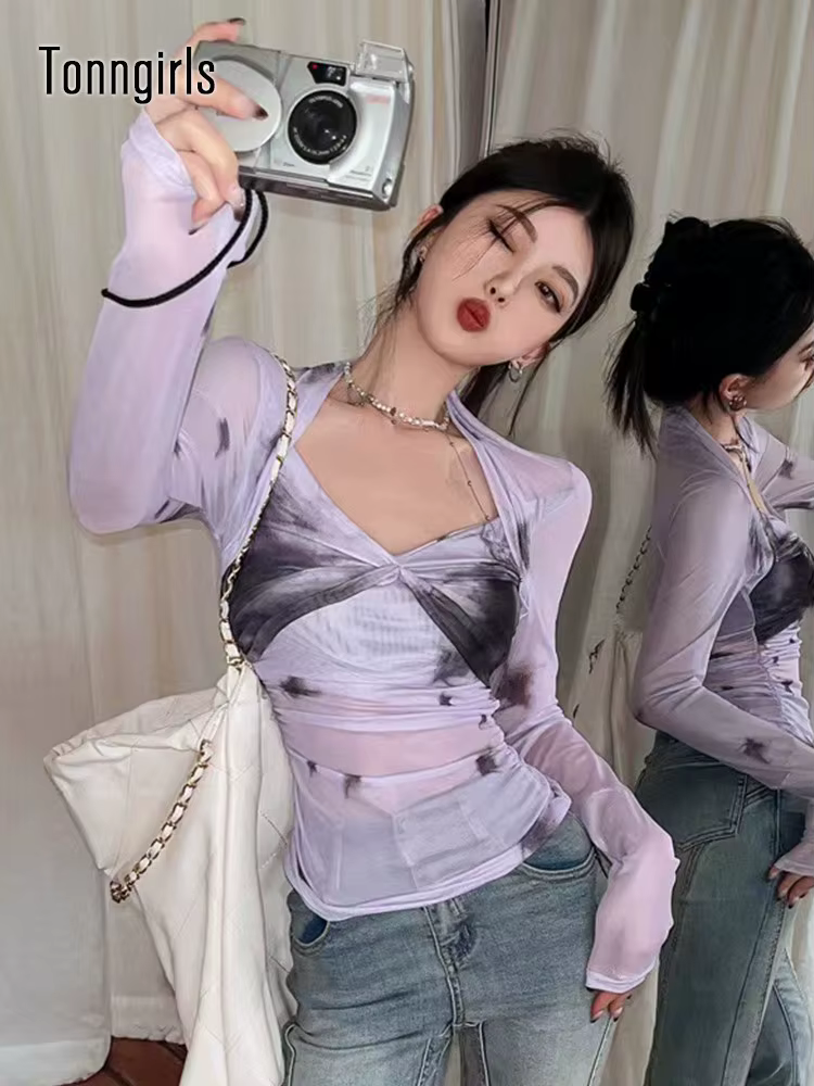 Tonngirl – t-shirt en maille pour femme, Streetwear de Style coréen, avec impression esthétique Grun