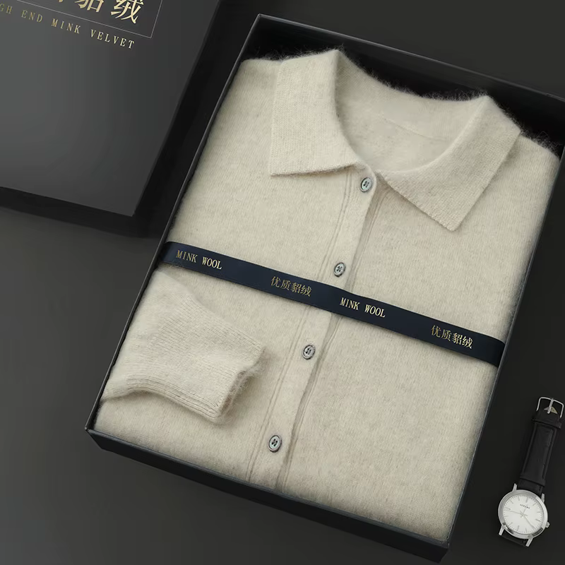 Maillard-Pull à col polo pour homme, cardigan en cachemire de vison pur, veste en tricot, grande tai
