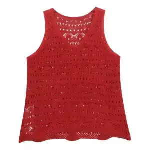 Débardeur en tricot ajouré rouge pour femme, col en V, sans manches, coupe ample, idéal pour l'été