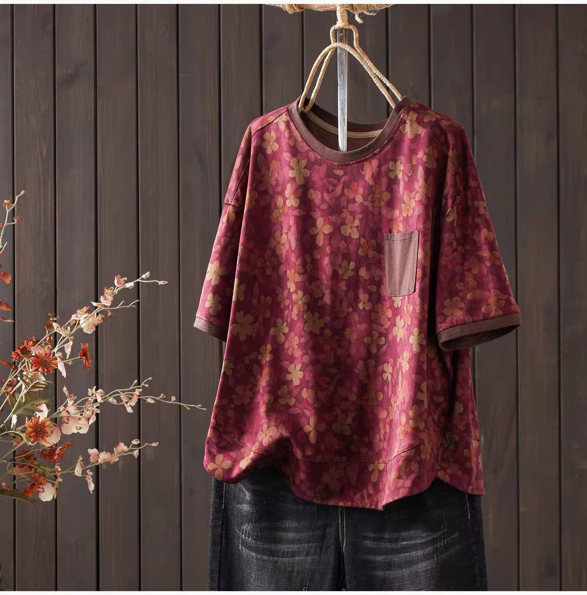 T-shirt vintage à imprimé floral pour femme, style bohème, manches courtes, coupe ample avec poches,
