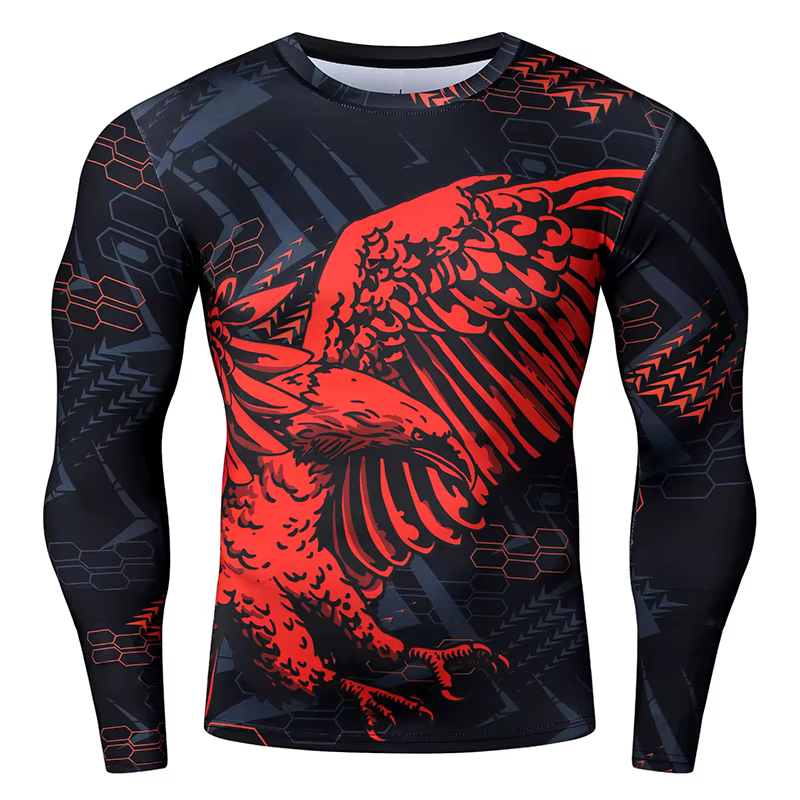 T-shirt de Compression à manches longues pour hommes, col rond, en Polyester, imprimé aigle Unique, 