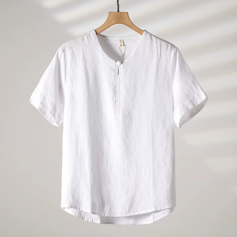 T-shirt 100% lin, mode outdoor, fermeture boutonnée rétro, ample et respirant, confortable, t-shirt 
