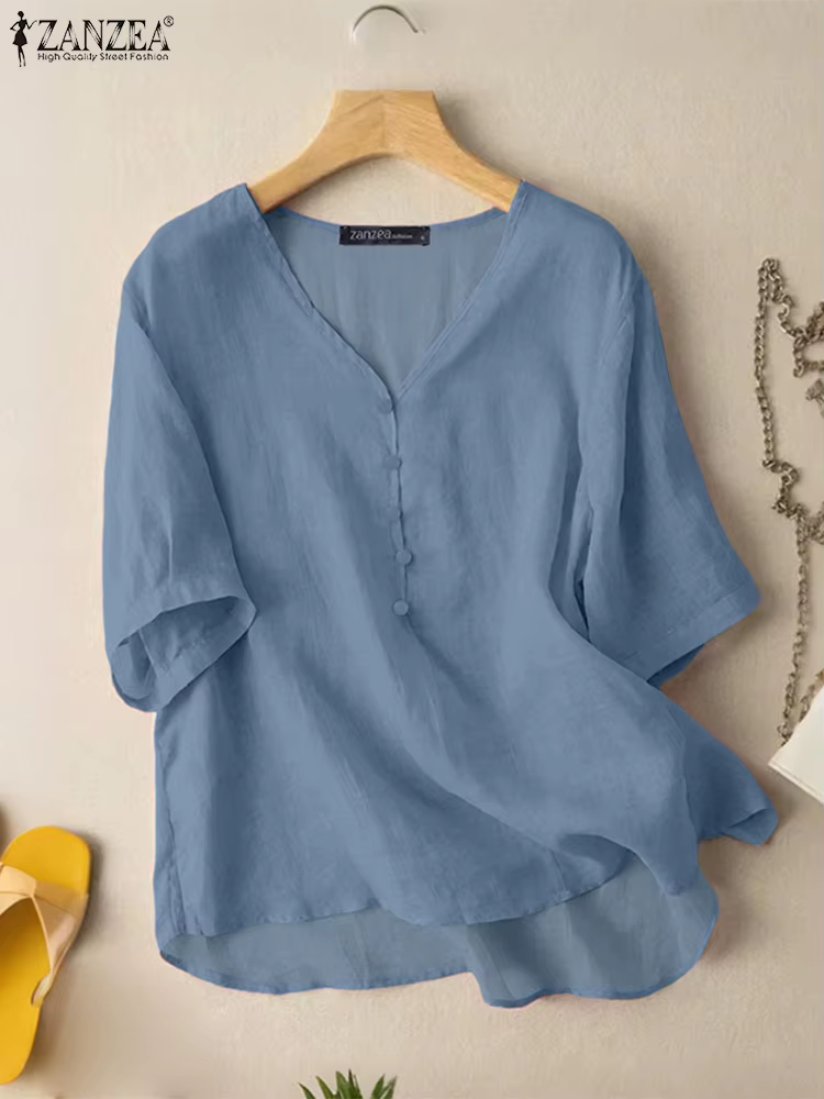 ZANZEA femmes Blouses Vintage 2025 été décontracté col en v demi manches haut-bas Blusas Mujer confo