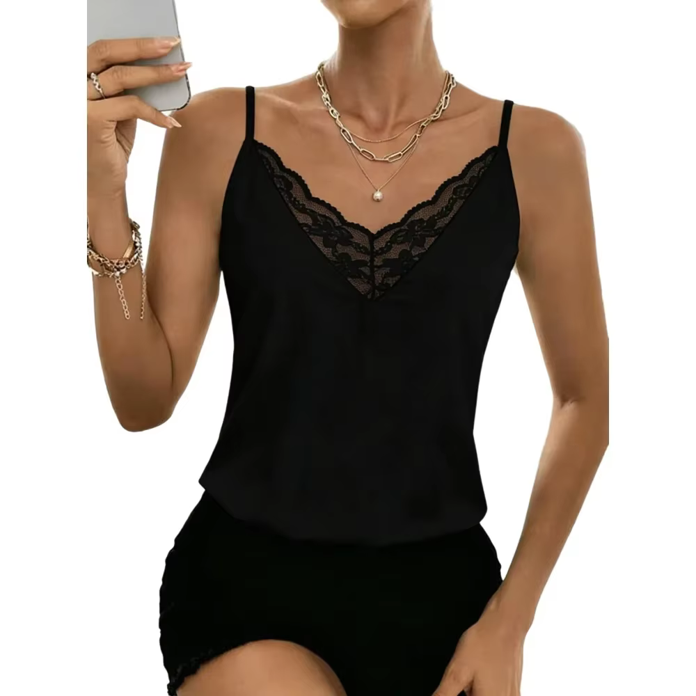 Débardeur Cami Femme à Bretelles Fines et Col en V, Bordure Dentelle, Lisse et Décontracté, Sexy, Ch