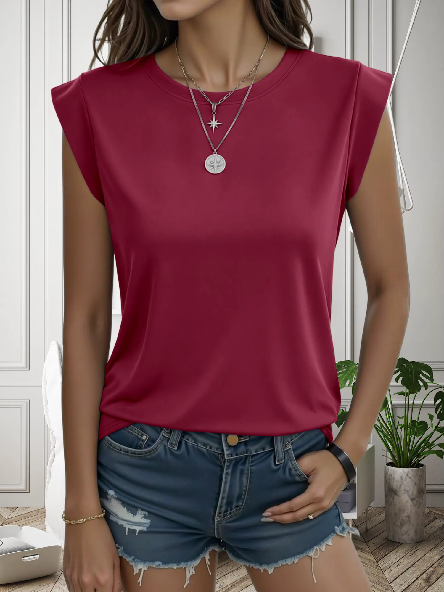 T-shirt à manches courtes pour femme, été 2025, décontracté, col rond, coupe ample, couleur unie, po
