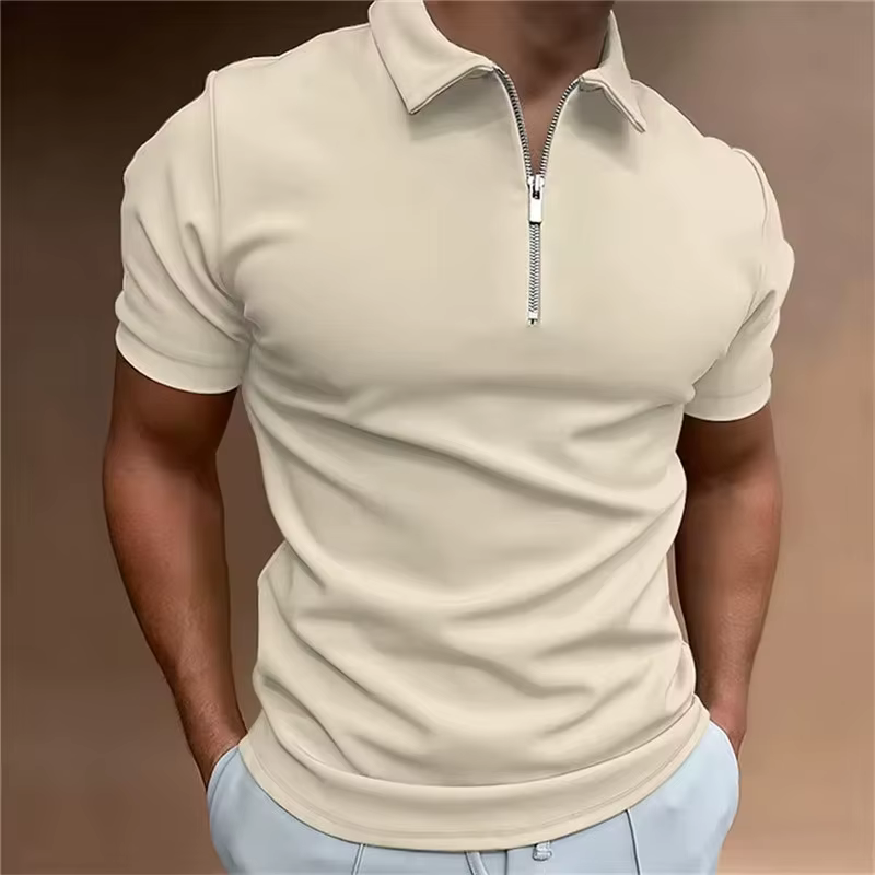 Mode hommes couleur unie fermetures éclair Polos T-Shirts été à manches courtes rue mâle noir POLO t