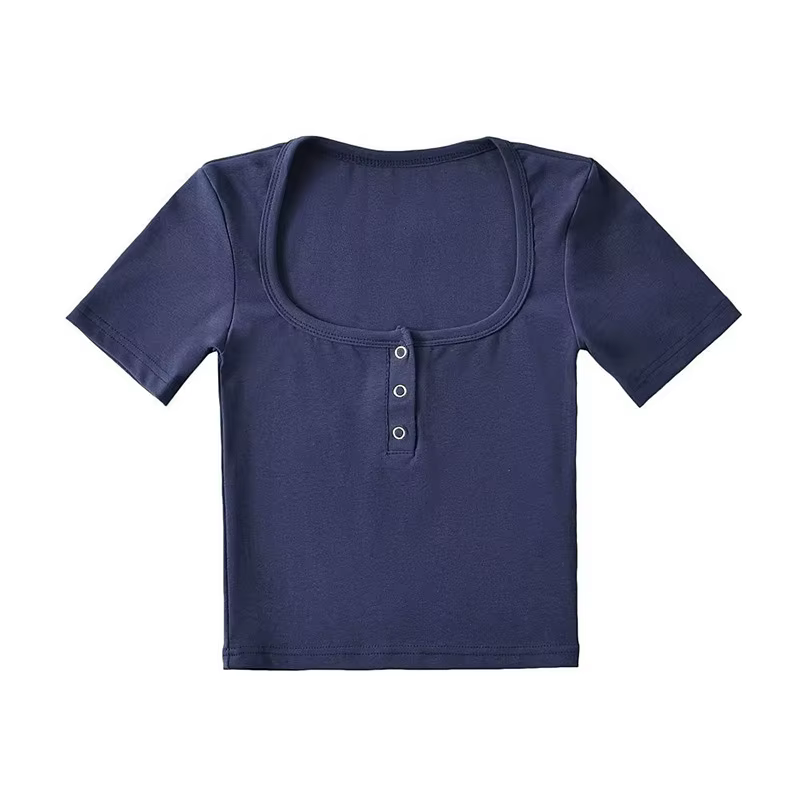 T-shirt court à manches courtes pour femmes, avec boutons sur le devant