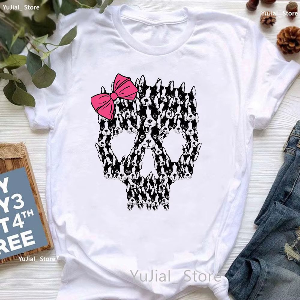 T-shirt imprimé Boston Terrier pour femme, T-shirt imprimé tête de mort et animal, T-shirt pour fill