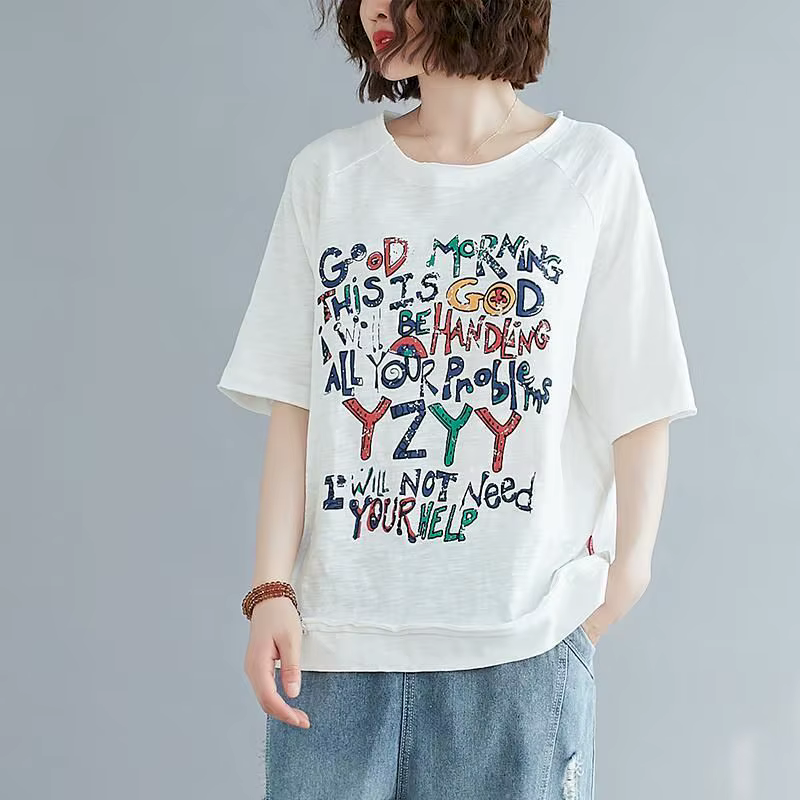 T-shirt manches courtes femme, ample et décontracté, en coton, avec lettres imprimées, art coréen, t
