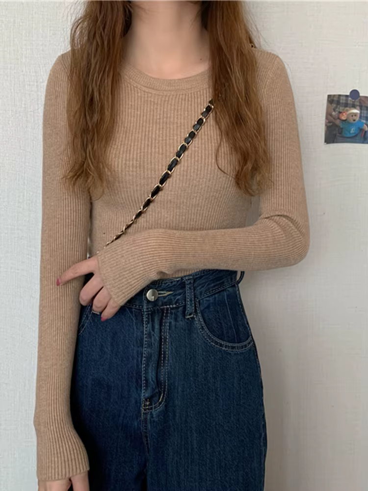 Nouveau Pull Femme 2026 Automne Hiver Manches Longues Col Rond Élastique Tricoté Uni Tendance