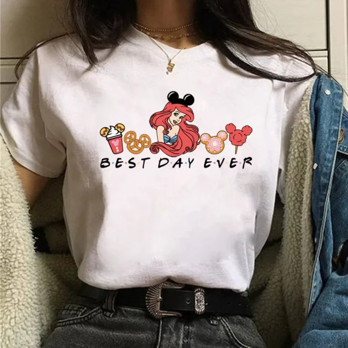 T-shirt imprimé Disney Best Day Ever pour femmes, vêtements de princesse, Streetwear à manches court