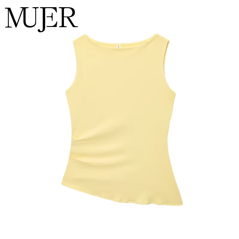 MUJER jaune froncé haut femme asymétrique débardeurs hauts pour femmes 2025 été haut sans manches fe
