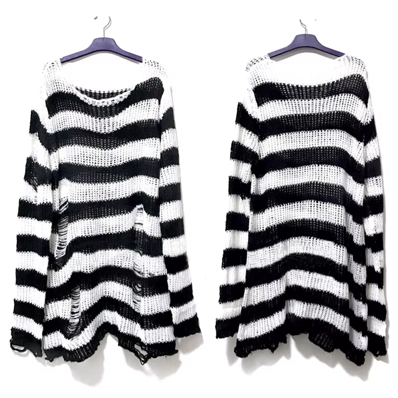 Nouveau Punk gothique Long unisexe pull été femmes rayé Cool évider trou cassé pull ample Rock mince