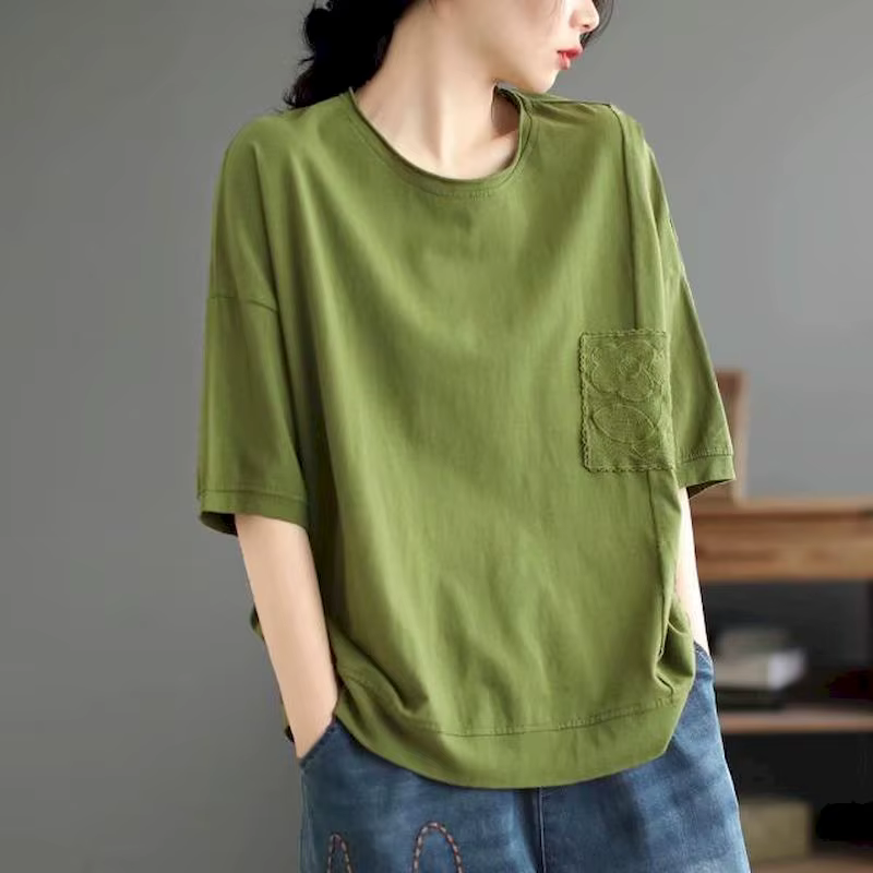 T-shirt à manches courtes en coton et lin pour femme, décontracté, vintage, patchwork, solide, tenda