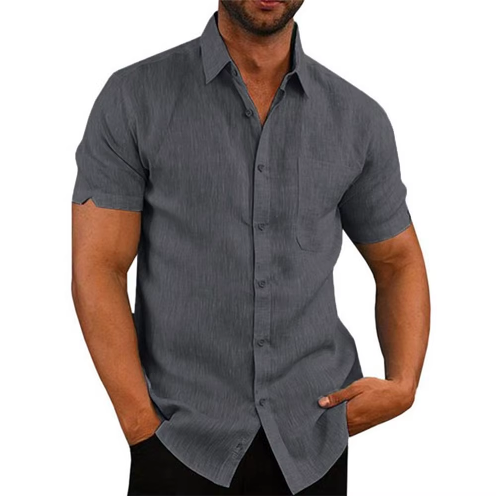 Chemises à manches courtes pour hommes, en coton et lin, couleur unie, col rabattu, décontracté, Sty