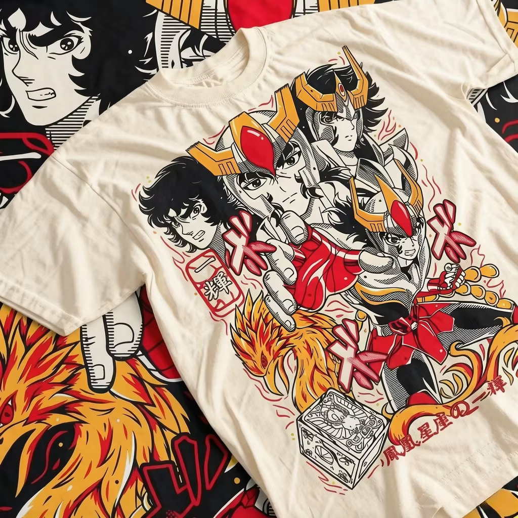 T-shirt imprimé Saint Seiya Anime Manga, haut décontracté à manches courtes et col rond en coton amp