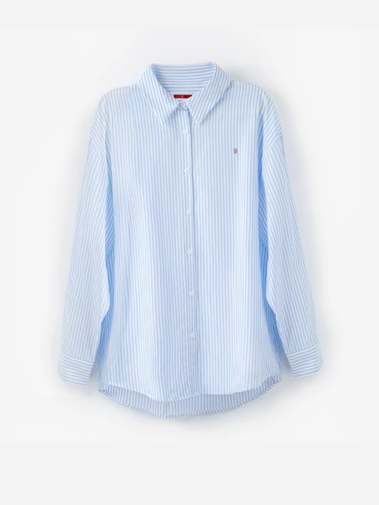 Chemisier décontracté à manches longues et coupe ample pour femme, rayé bleu et blanc, avec boutons