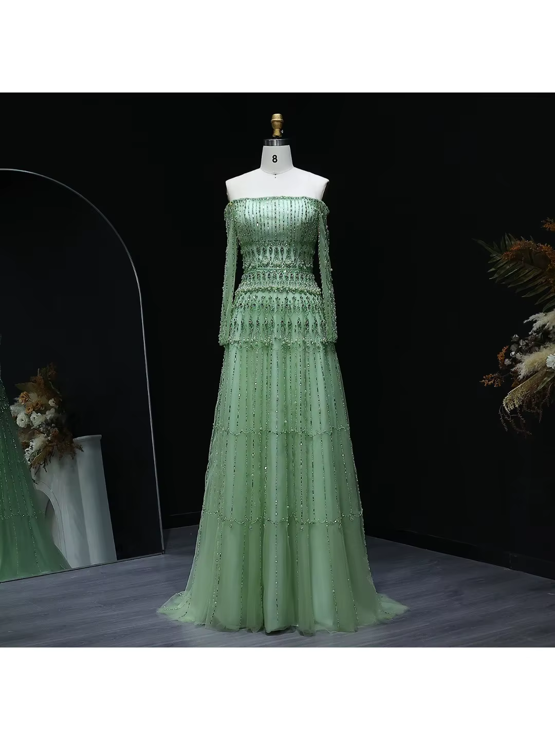 Sharon Said – robe de soirée de luxe, vert sauge, épaules dénudées, dubaï, manches longues, robes de