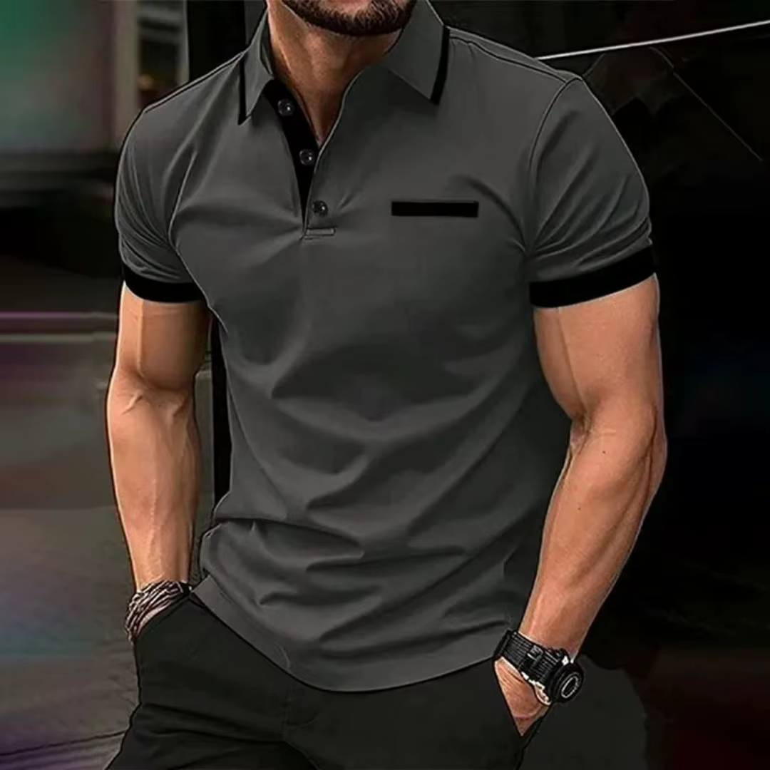 Polo ajusté pour homme à manches courtes, décontracté et professionnel, avec bordure noire et poche,