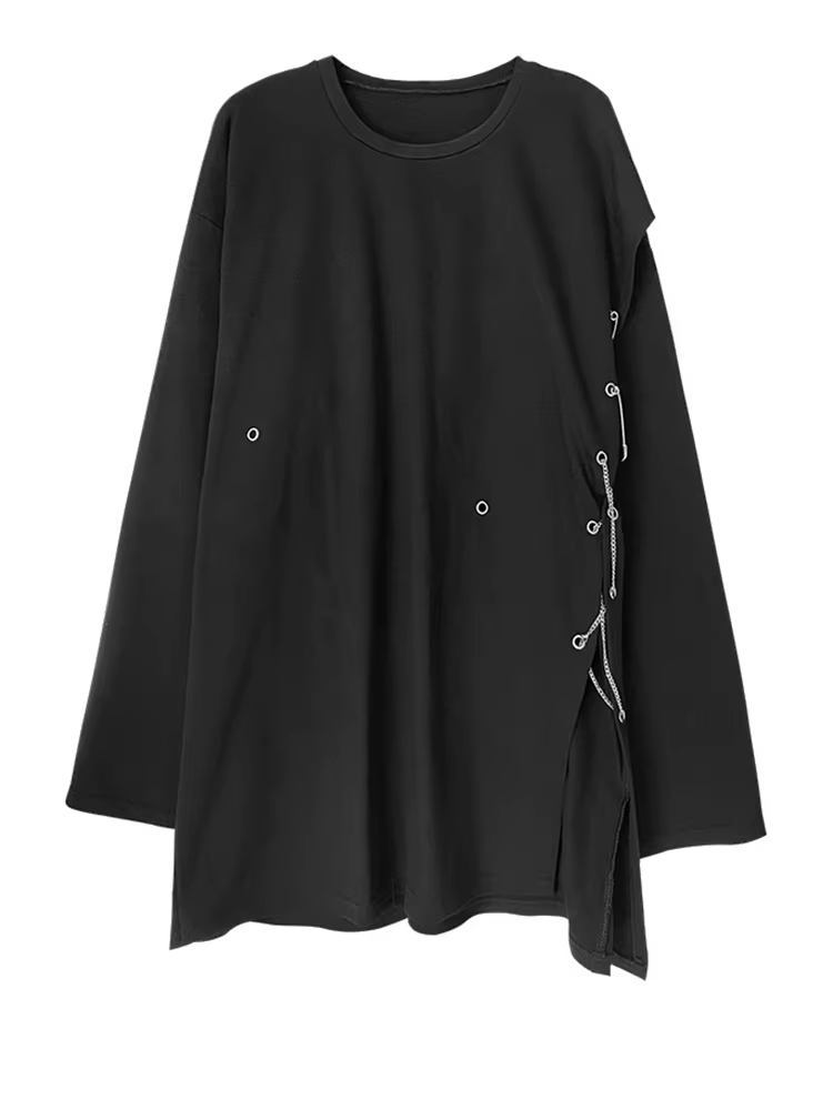 [EAM] femmes noir fente latérale irrégulière grande taille T-shirt nouveau col rond à manches longue