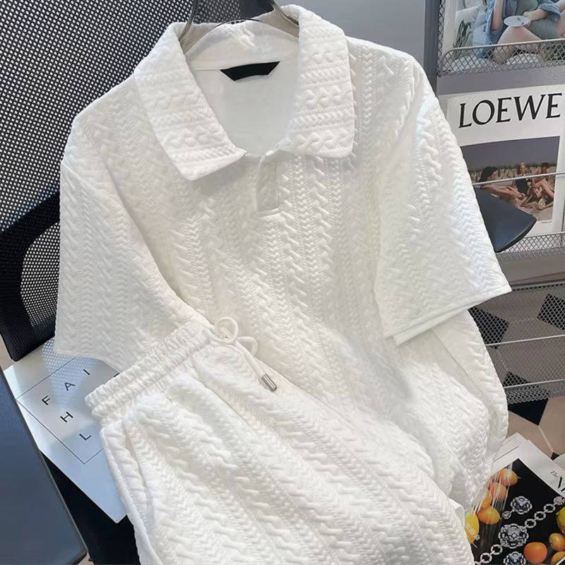 Ensemble 2 pièces polo texturé pour femme, haut à manches courtes et short à cordon de serrage, ense