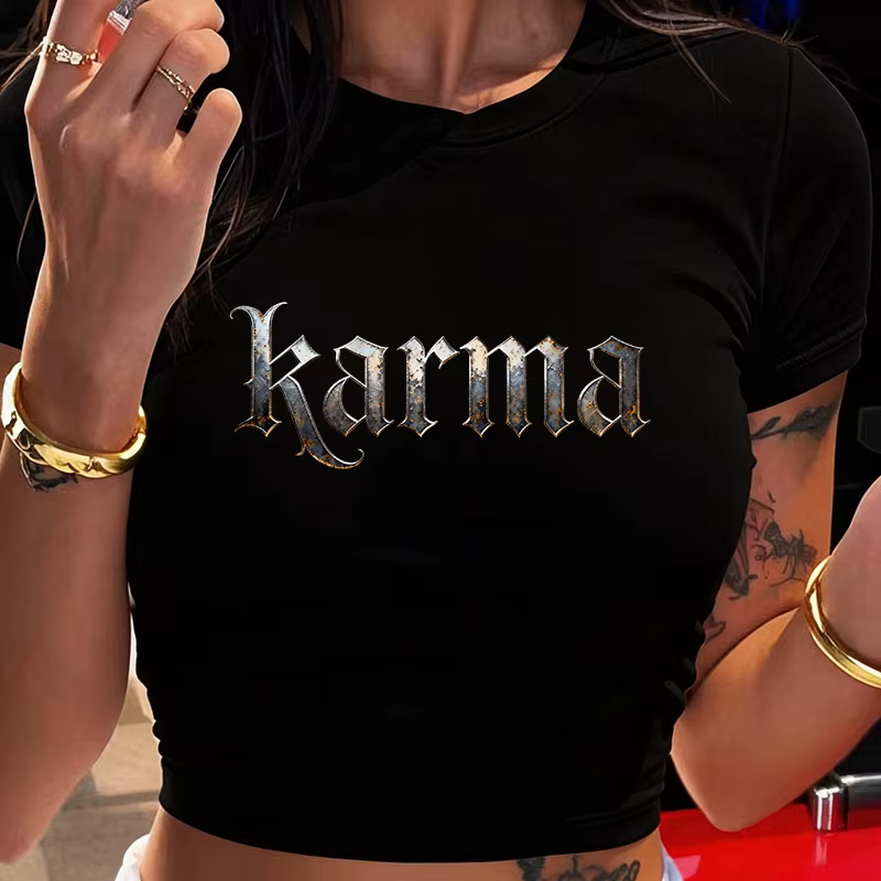 T-shirt court sexy des années 90 avec imprimé lettre Karma style vintage, t-shirt Y2K à manches cour