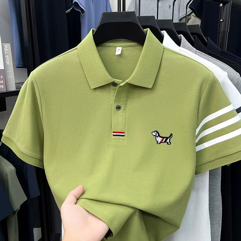 Polo de luxe pour homme à manches courtes de haute qualité, broderie chiot sur le col, rayures sur l