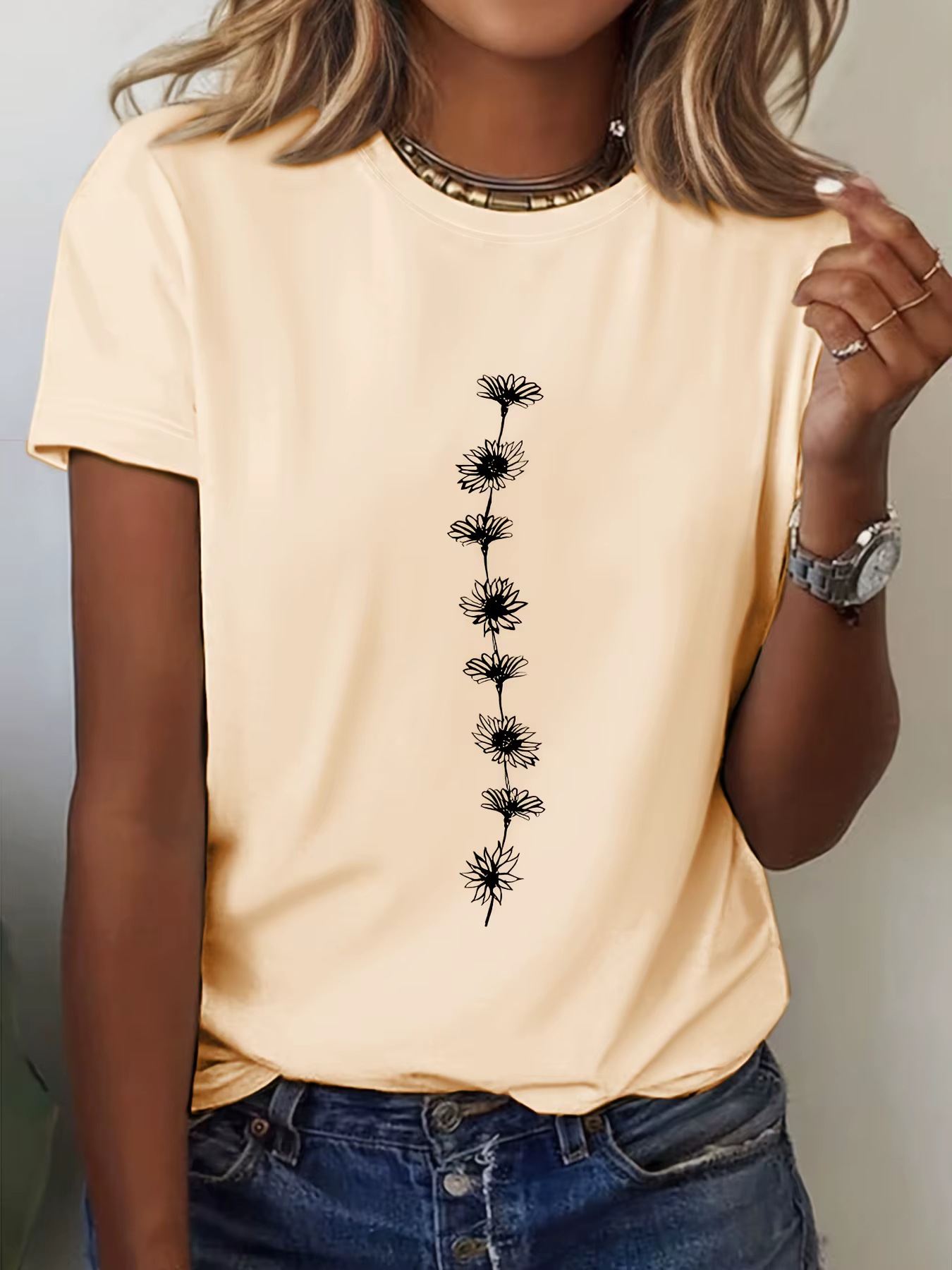 T-Shirt décontracté imprimé tournesol pour femmes, haut à manches courtes et col rond, parfait pour