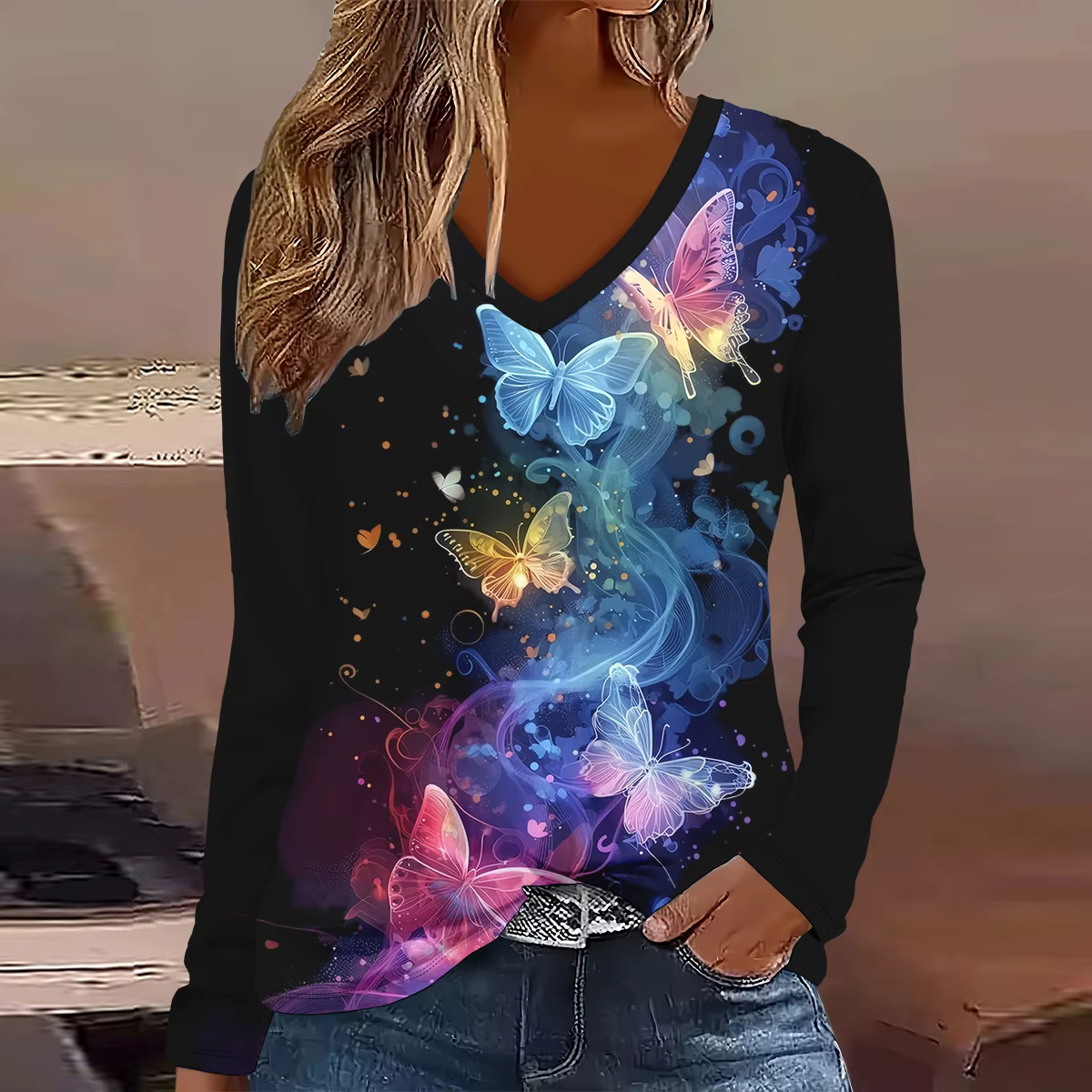 T-shirt à manches longues pour femmes, mode dot imprimé en 3D, col en v, hauts à manches longues, dé
