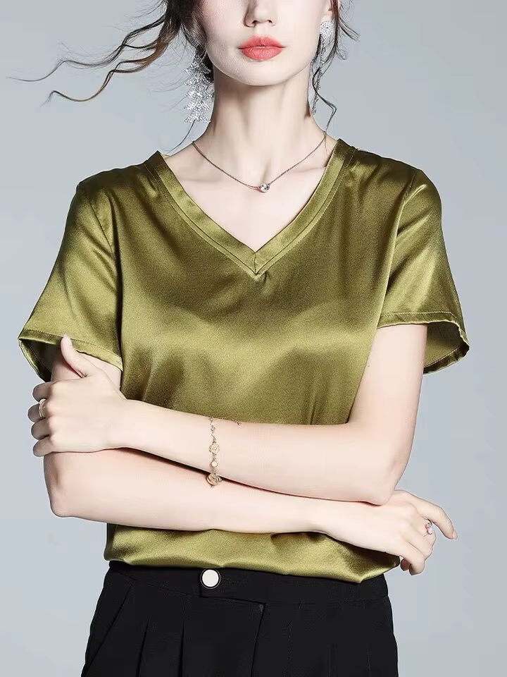 Ice InjT-T-shirt à manches courtes en satin acétate pour femme, haut ample et décontracté, chemise d