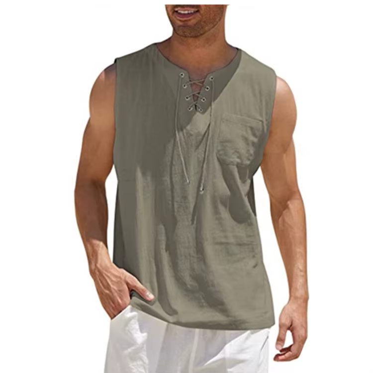 Chemise sans manches vintage à lacets pour homme, nouveau modèle d'été, style médiéval, col montant,