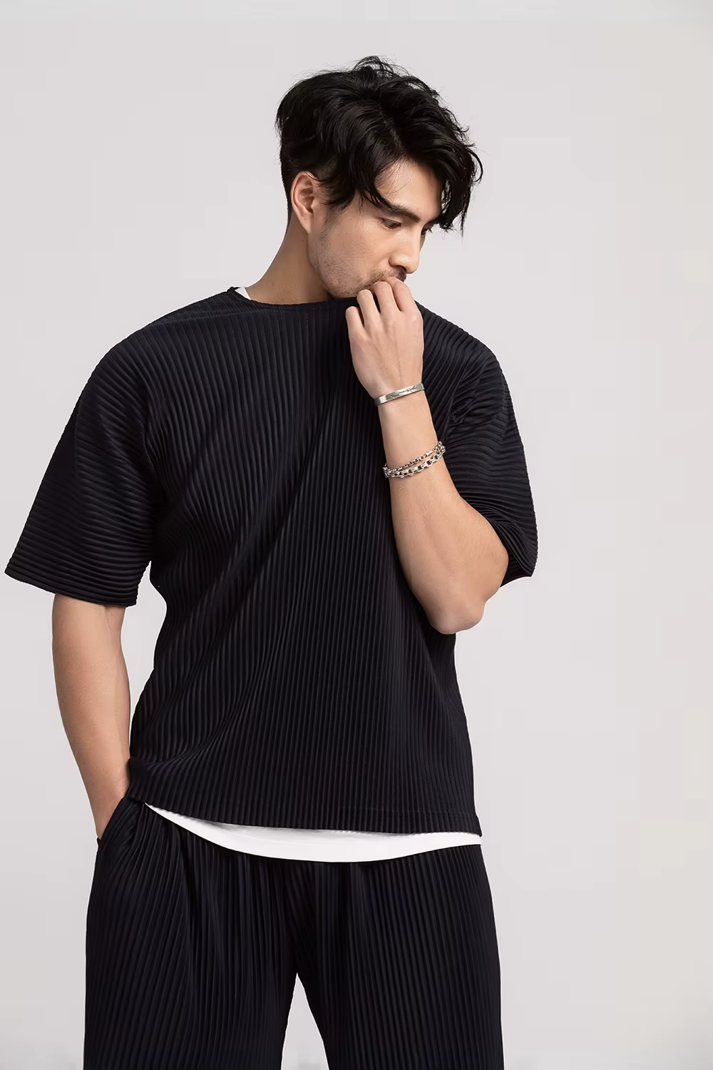 T-shirt à manches courtes et col rond pour homme, haut de sport, fin, respirant, solide, plissé, été