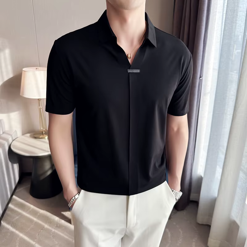 Polos de luxe à manches courtes pour hommes, t-shirts à col rabattu, coupe couvertes élastique, chem