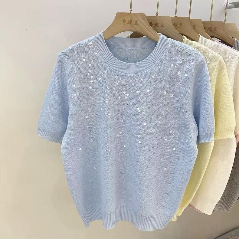 T-shirt en tricot Matakawa pour femme, printemps-été, fin, à paillettes, polyvalent, Ropa De Mujer, 