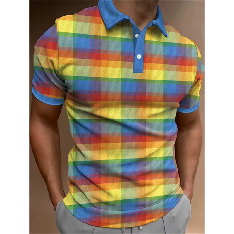 Polo arc-en-ciel à la mode pour hommes, chemise d'été à manches courtes avec col boutonné, motif à r