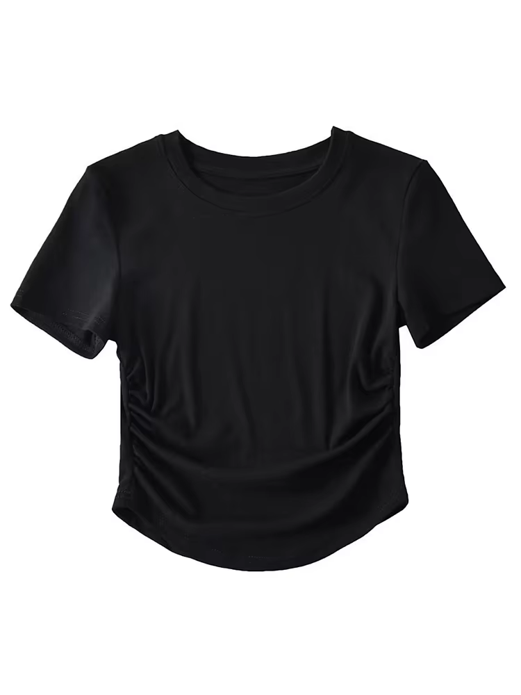 T-Shirt à Manches Courtes et Col Ras du Cou pour Femme, en Coton, avec Côtés Froncés, Style Harajuku