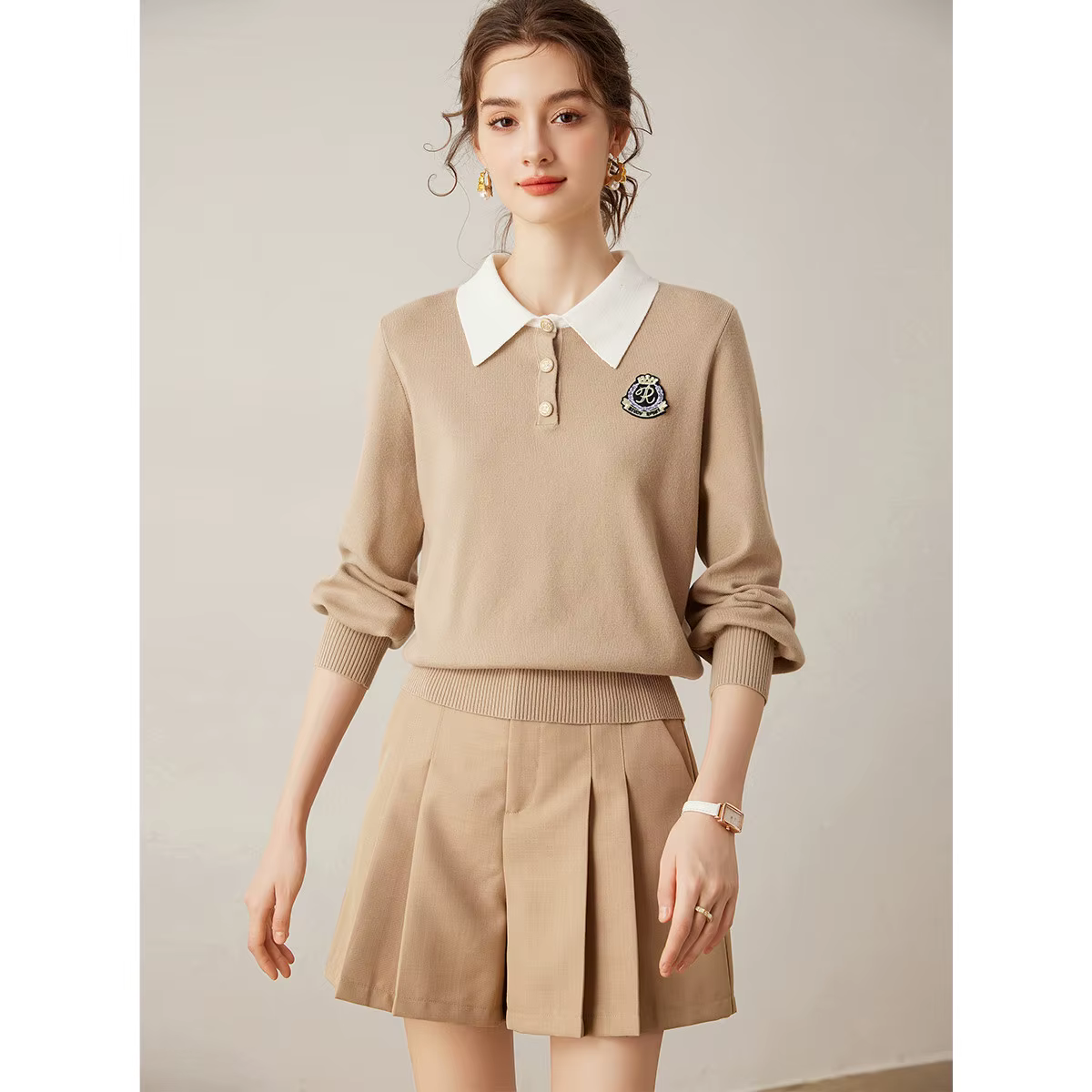 Pulls pour femmes LOUIS YAO, hiver 2024, col contrasté, style universitaire, col polo, manches longu