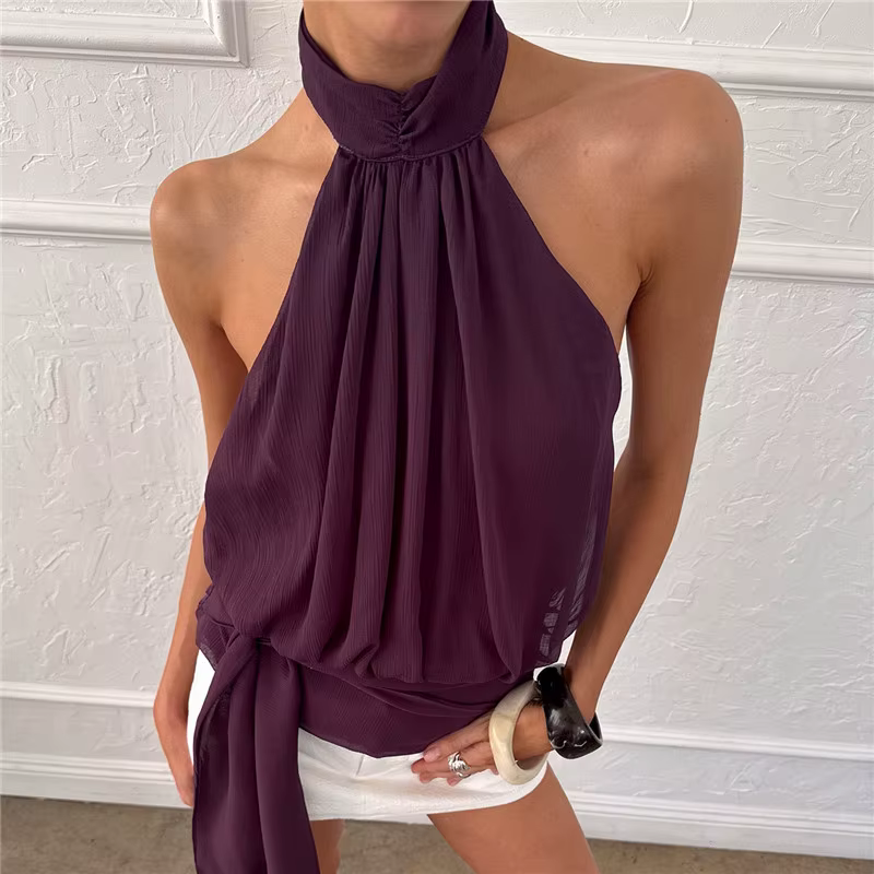 Hirigin – haut élégant violet prune pour femmes, chemisier sans manches à dos ouvert, haut fluide à 