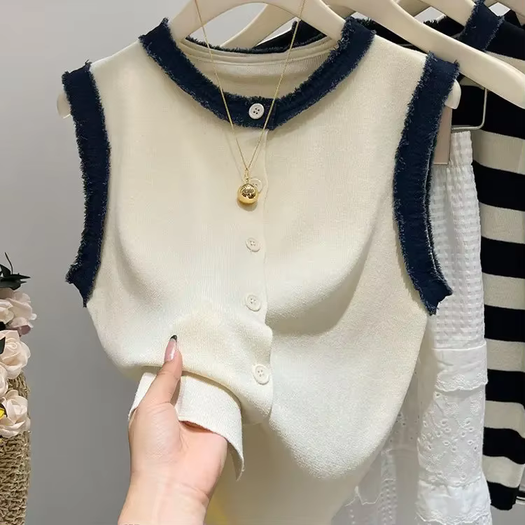 Haut sans manches en tricot blanc – Gilet court d'été à bretelles décontractées, coupe cintrée avec 