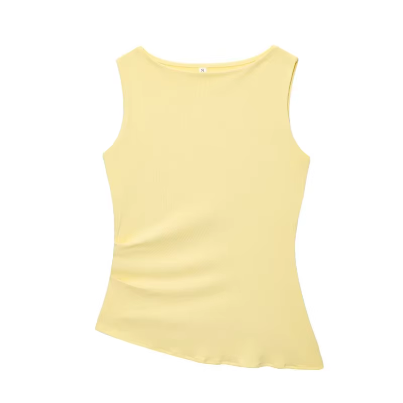 T-shirt pour femme, jaune, col rond, gilet plissé, ourlet asymétrique, haut sans manches slim, gilet
