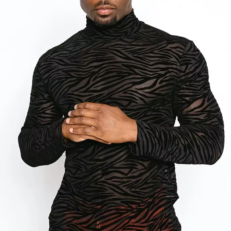 PerconsiderTurtleneck T-shirt à manches longues pour hommes, T-shirt ajusté en dentelle, Streetwear 