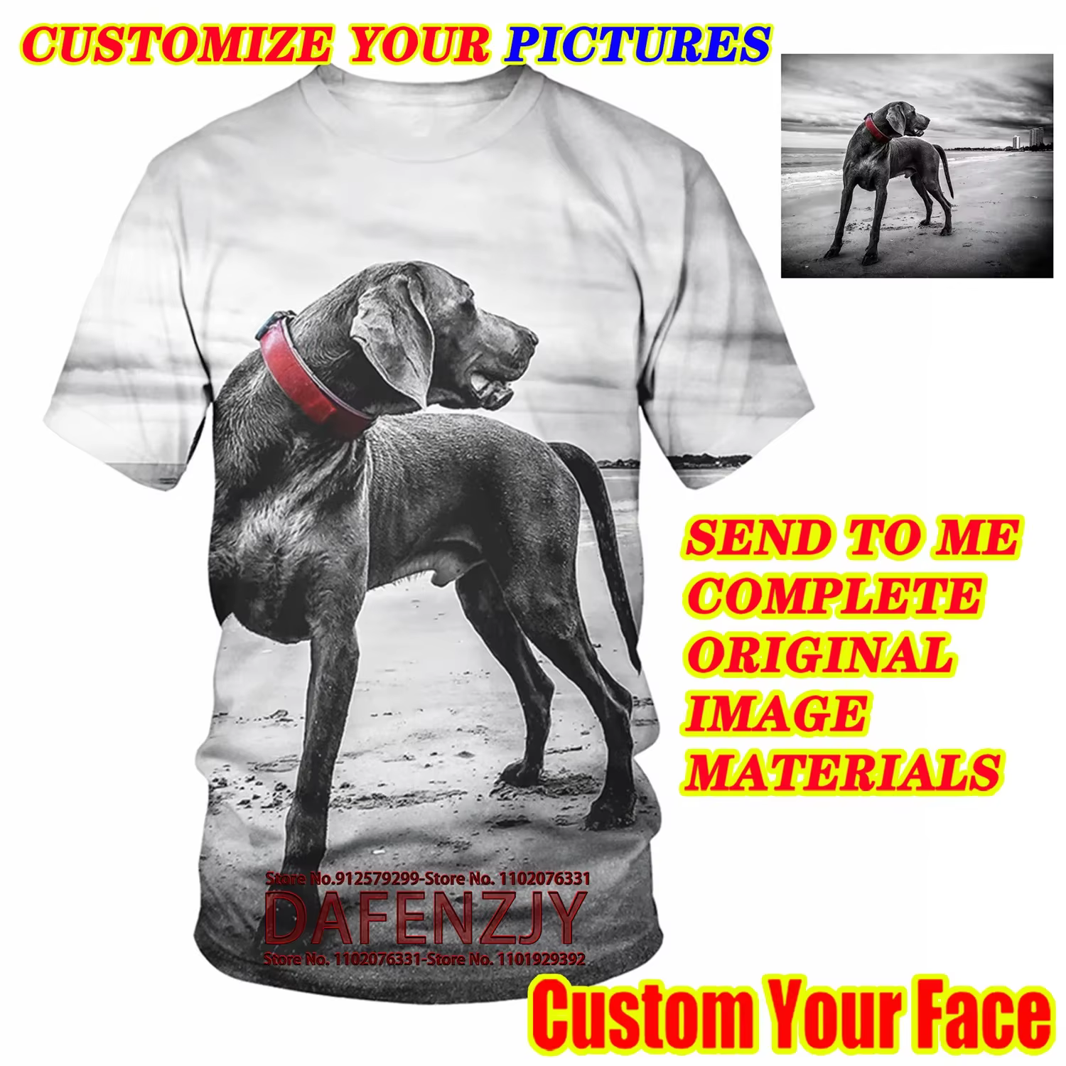 T-shirt col rond unisexe, estival et décontracté, avec votre photo ou animal de compagnie imprimé en