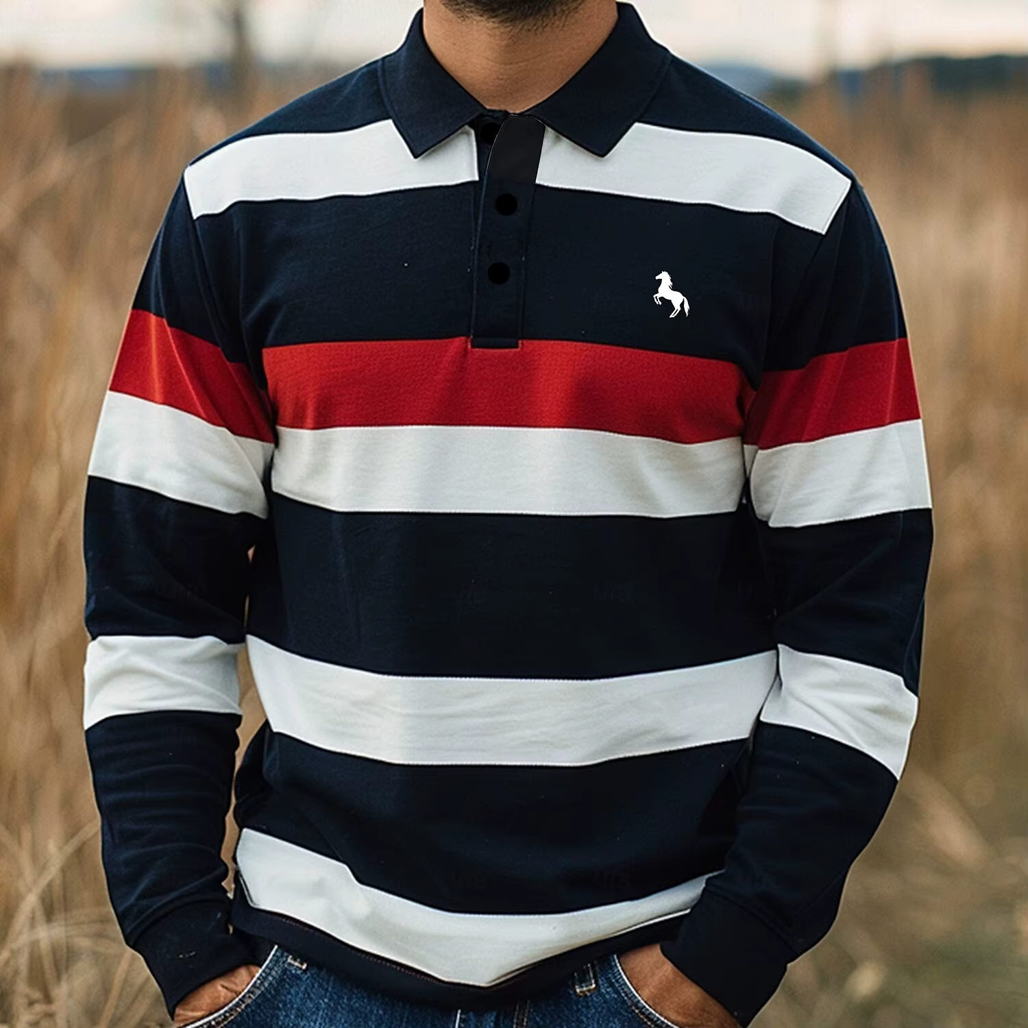Chemises pour hommes à manches longues rayées style rugby, col polo, décontractées, pour le quotidie