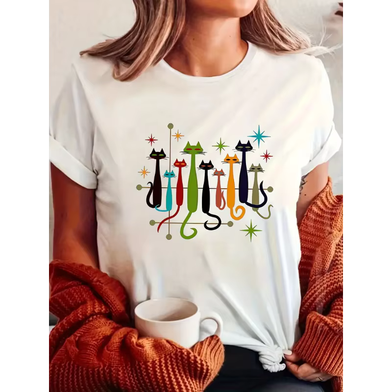 T-shirt à manches courtes en coton 100% pour femme, col rond, imprimé chat, tendance décontractée, h