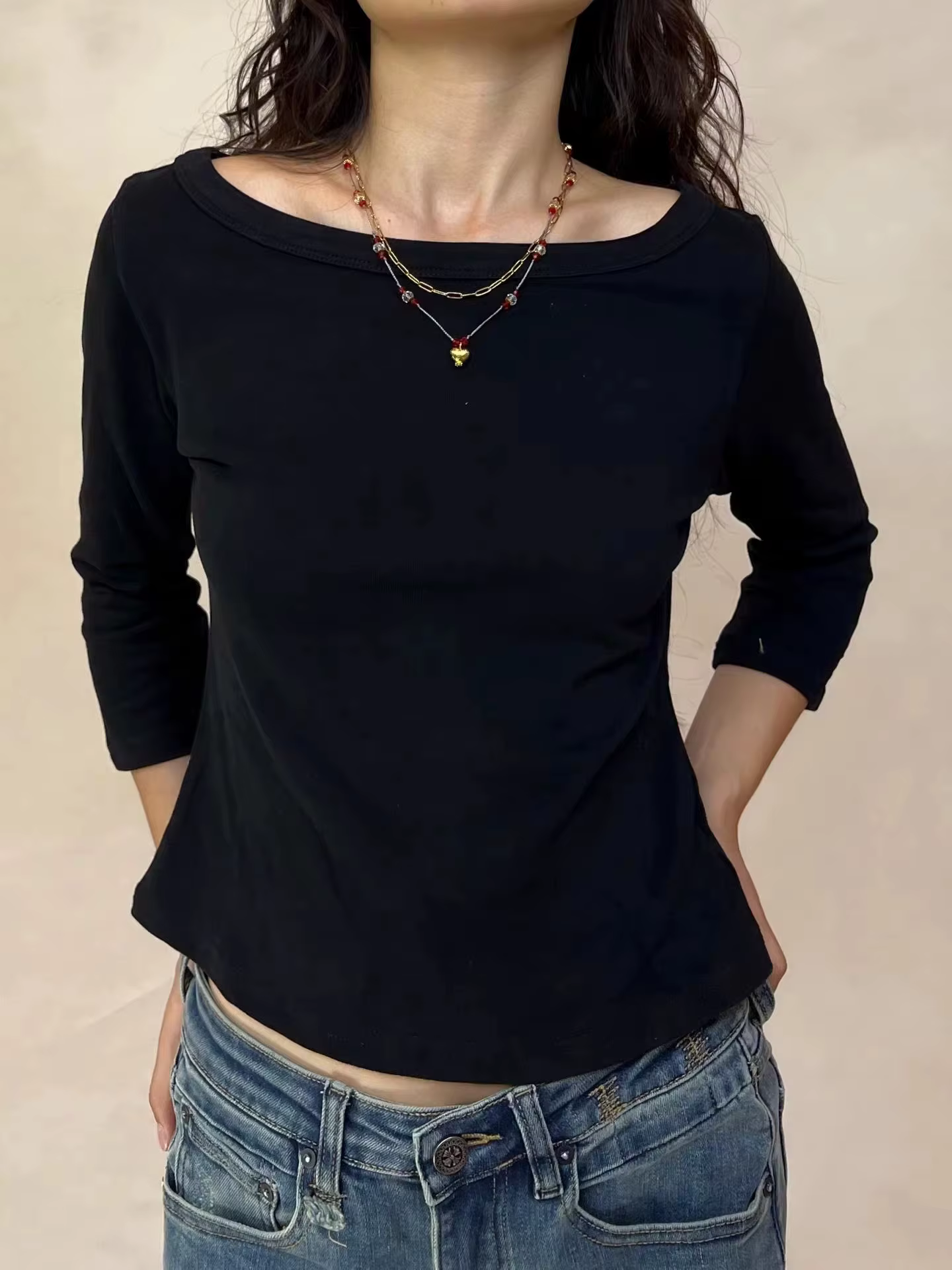 Simple trois quarts manches T-shirts femme automne solide basique Slash cou coton mince haut court f