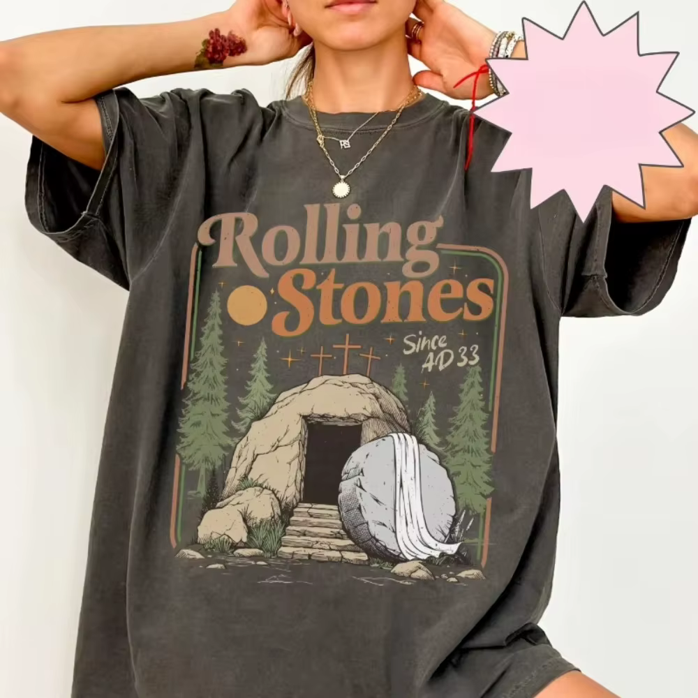 T-shirt Rolling Christian, Vêtement de Pâques tendance avec motif pierre, tenue décontractée pour le