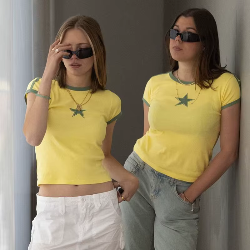T-Shirt à Manches Courtes pour Femme, Streetwear Gothique, Vintage, Imprimé Étoile, Décontracté, Jau